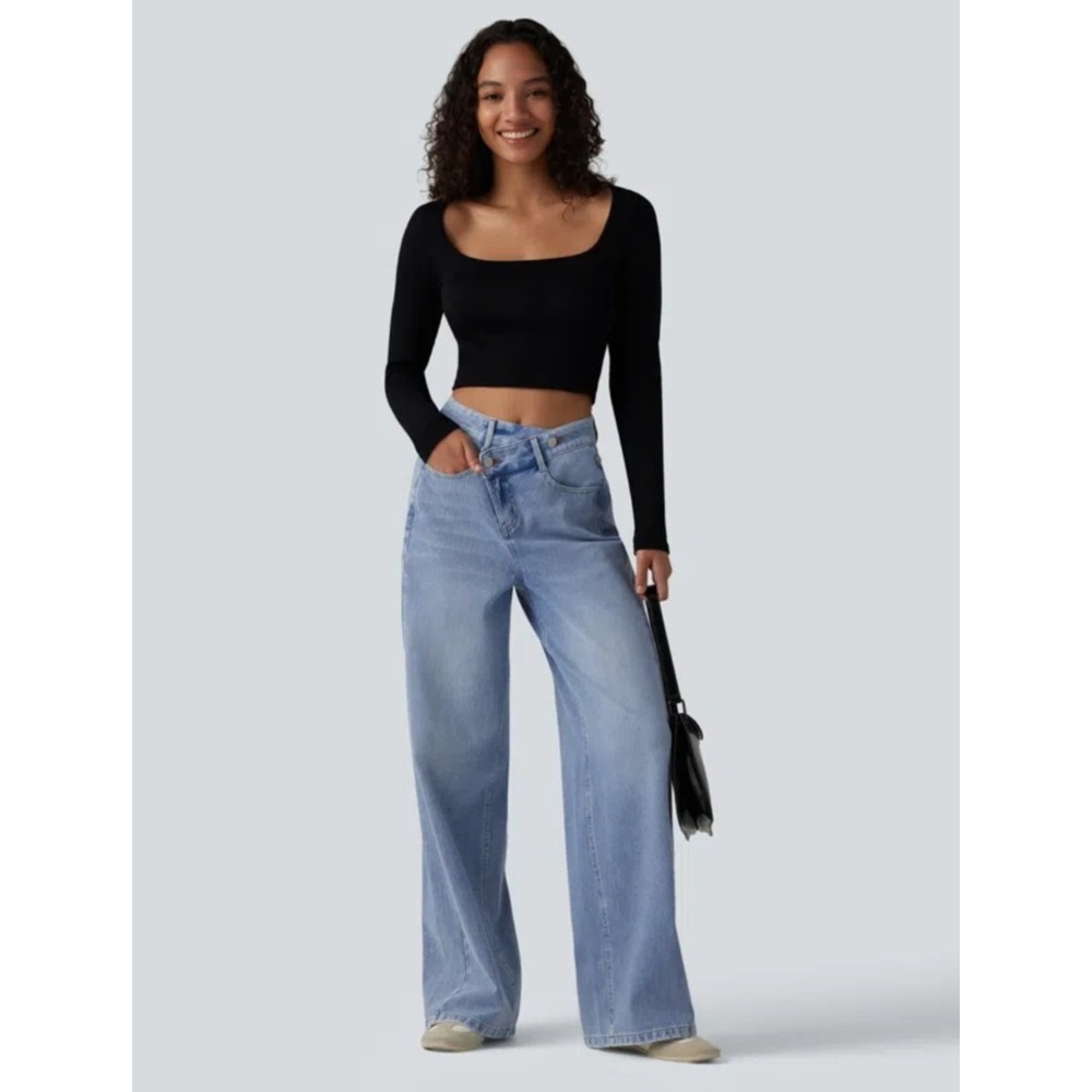Halara Flex Asymmetric High Waisted Washed Casual Baggy Jeans With Pockets Large